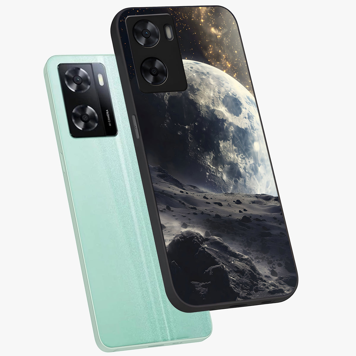 Lunar Horizon Glow Glass Case displayed in angled mockup highlighting celestial moon design with dreamy night aesthetic.