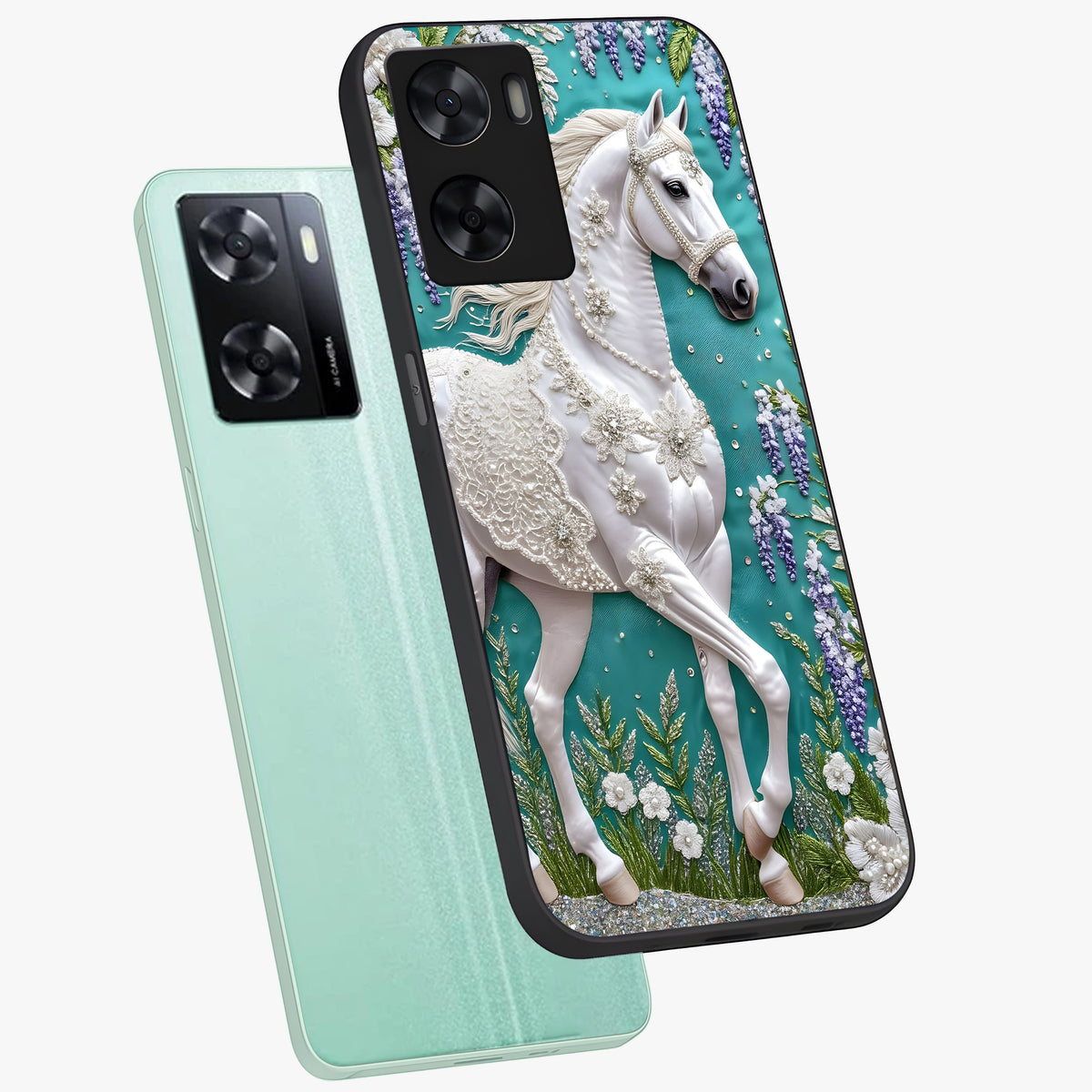 Majestic Floral Stallion Glass Case displayed in angled mockup highlighting majestic stallion illustration with elegant floral aesthetic.