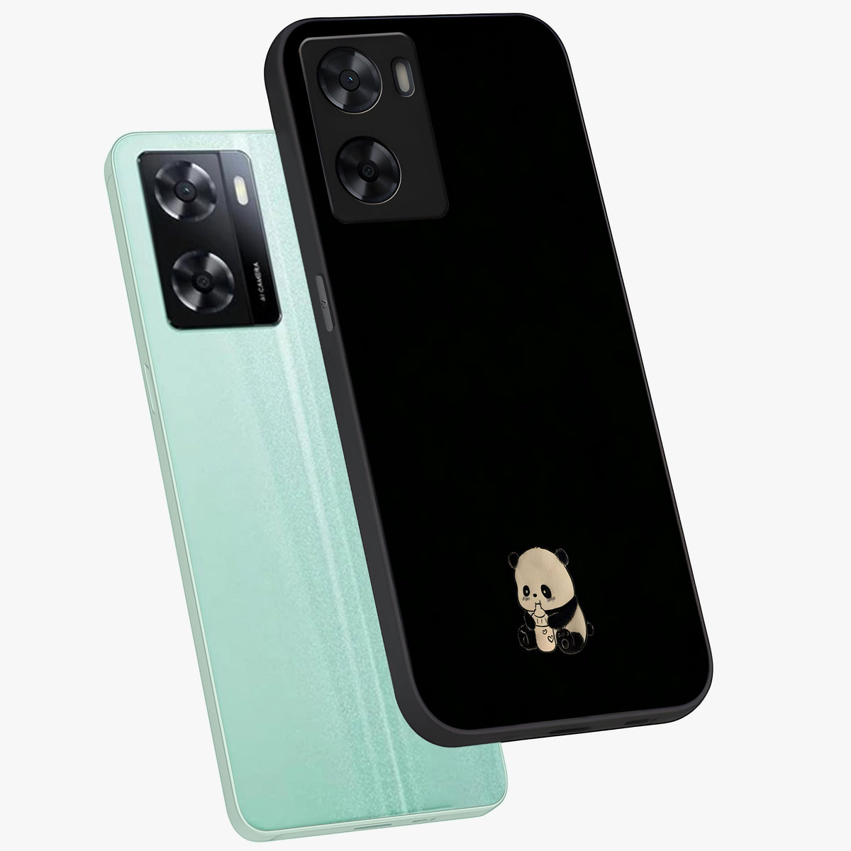 Midnight Panda Love Glass Case displayed in angled mockup highlighting adorable panda illustration with midnight aesthetic.