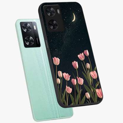 Midnight Tulip Whispers Vibe Glass Case displayed in angled mockup highlighting delicate tulip design with midnight floral aesthetic.