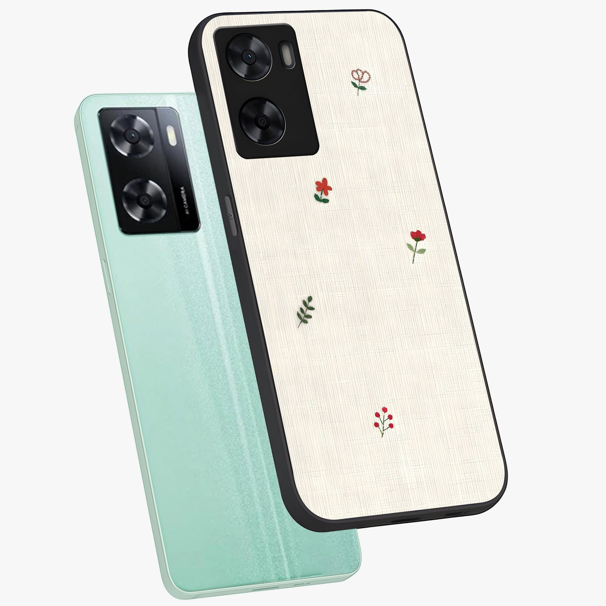 Minimalistic Blue With White Flower Pattern Glass Case displayed in angled mockup highlighting simple floral design with minimal aesthetic.