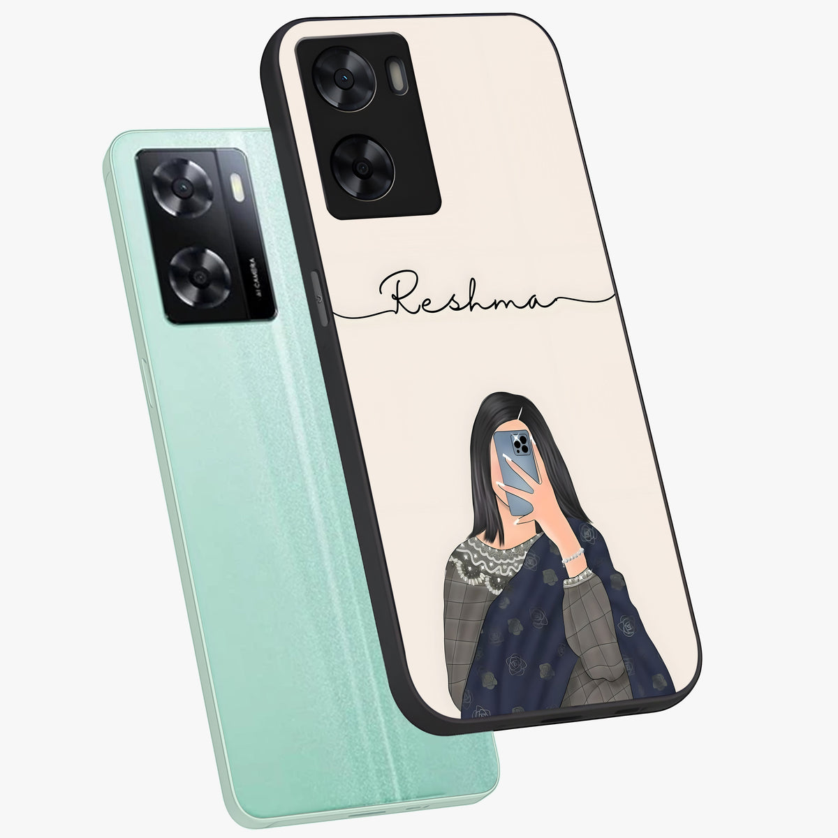 Mirror Mood Muse With Custom Name Glass Case displayed in angled mockup highlighting aesthetic mirror inspired design with custom name feature.