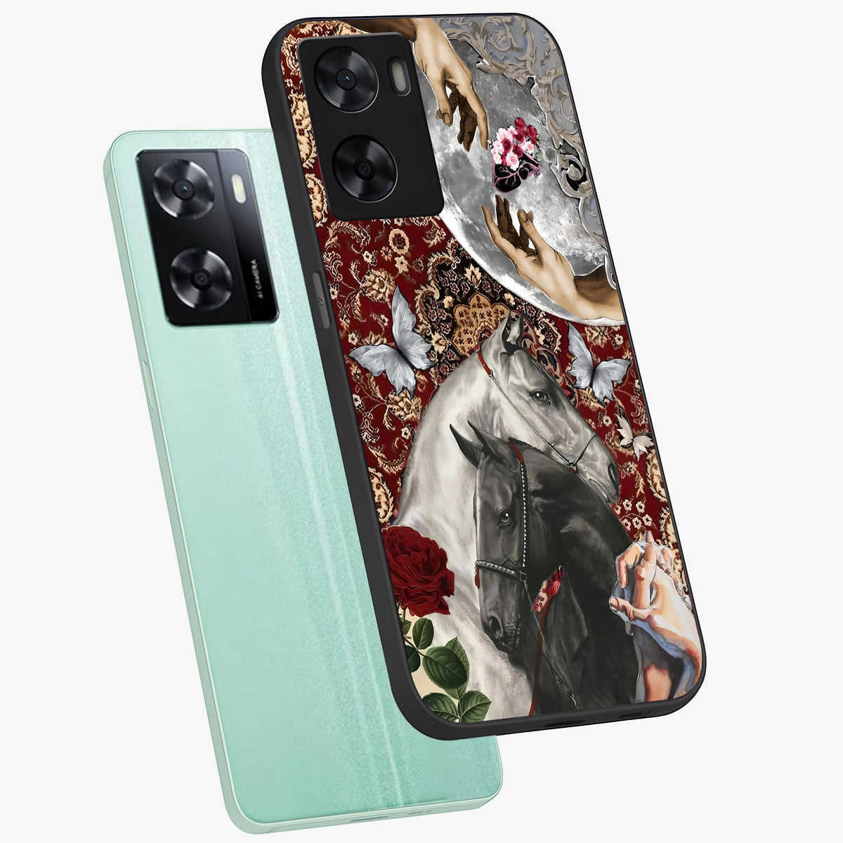 Moonlit Royal Stallion Glass Case displayed in angled mockup highlighting powerful stallion illustration with royal night aesthetic.
