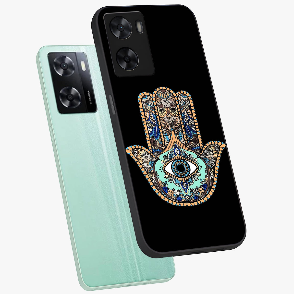Mystic Hamsa Eye Glass Case displayed in angled mockup highlighting spiritual hamsa symbol with mystical aesthetic style.