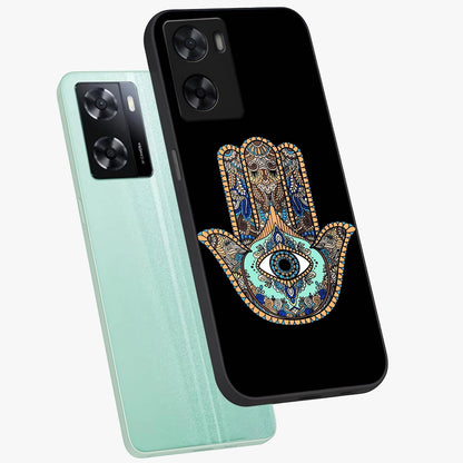 Mystic Hamsa Eye Glass Case displayed in angled mockup highlighting spiritual hamsa symbol with mystical aesthetic style.