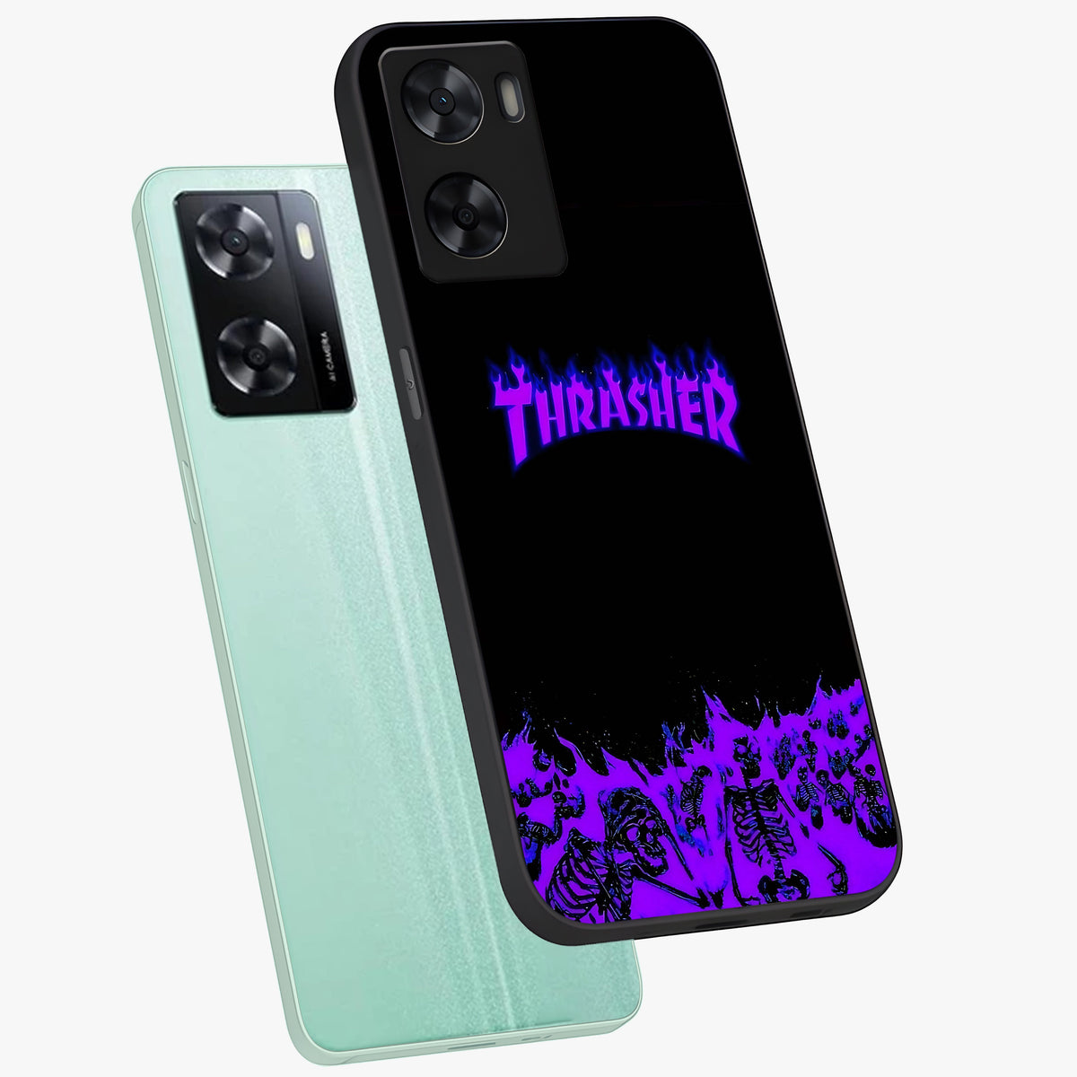 Neon Flame Riot Glass Case displayed in angled mockup highlighting glowing flame design with vibrant neon aesthetic.