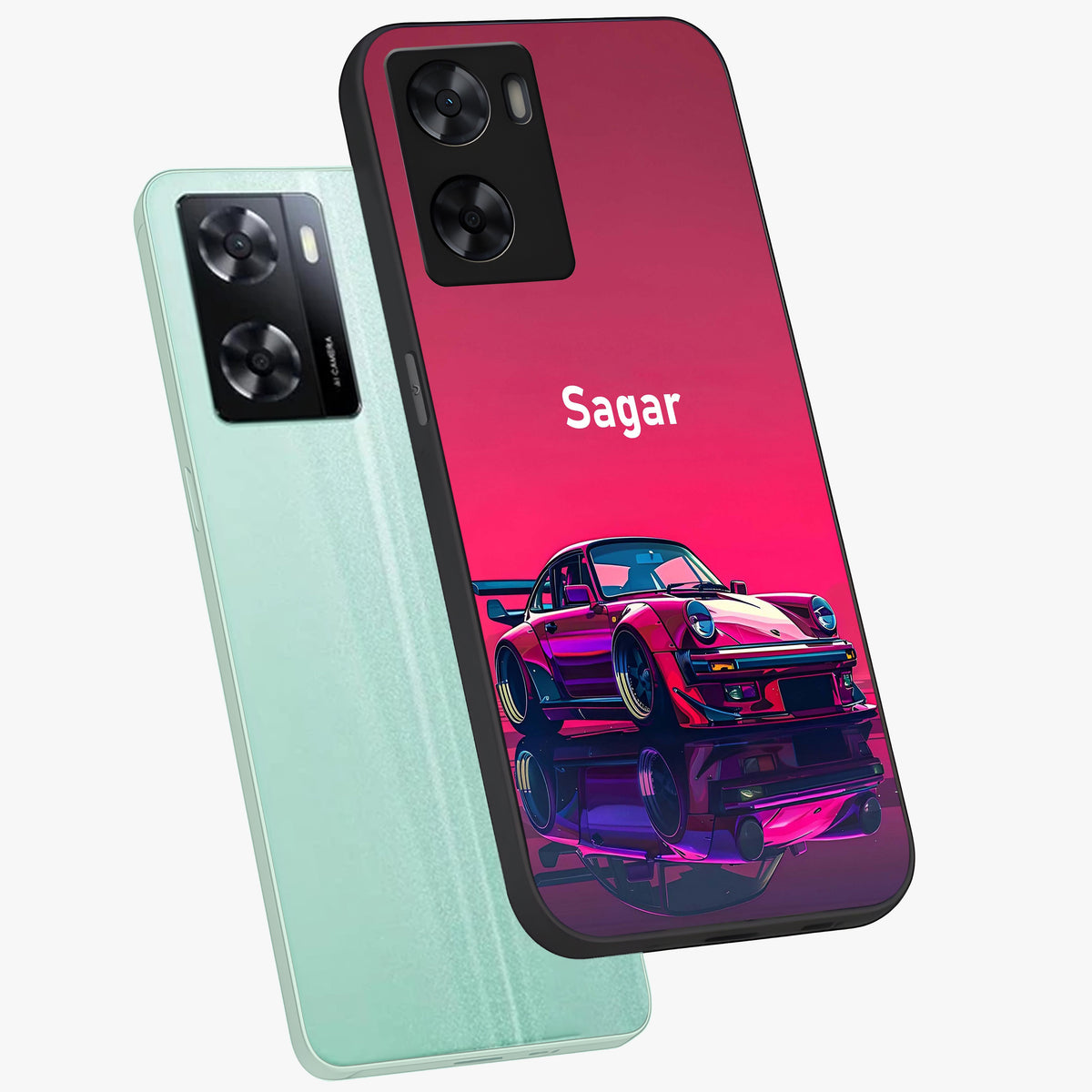 Neon Pink Porsche Glass Case displayed in angled mockup highlighting sleek neon pink car design with racing aesthetic.