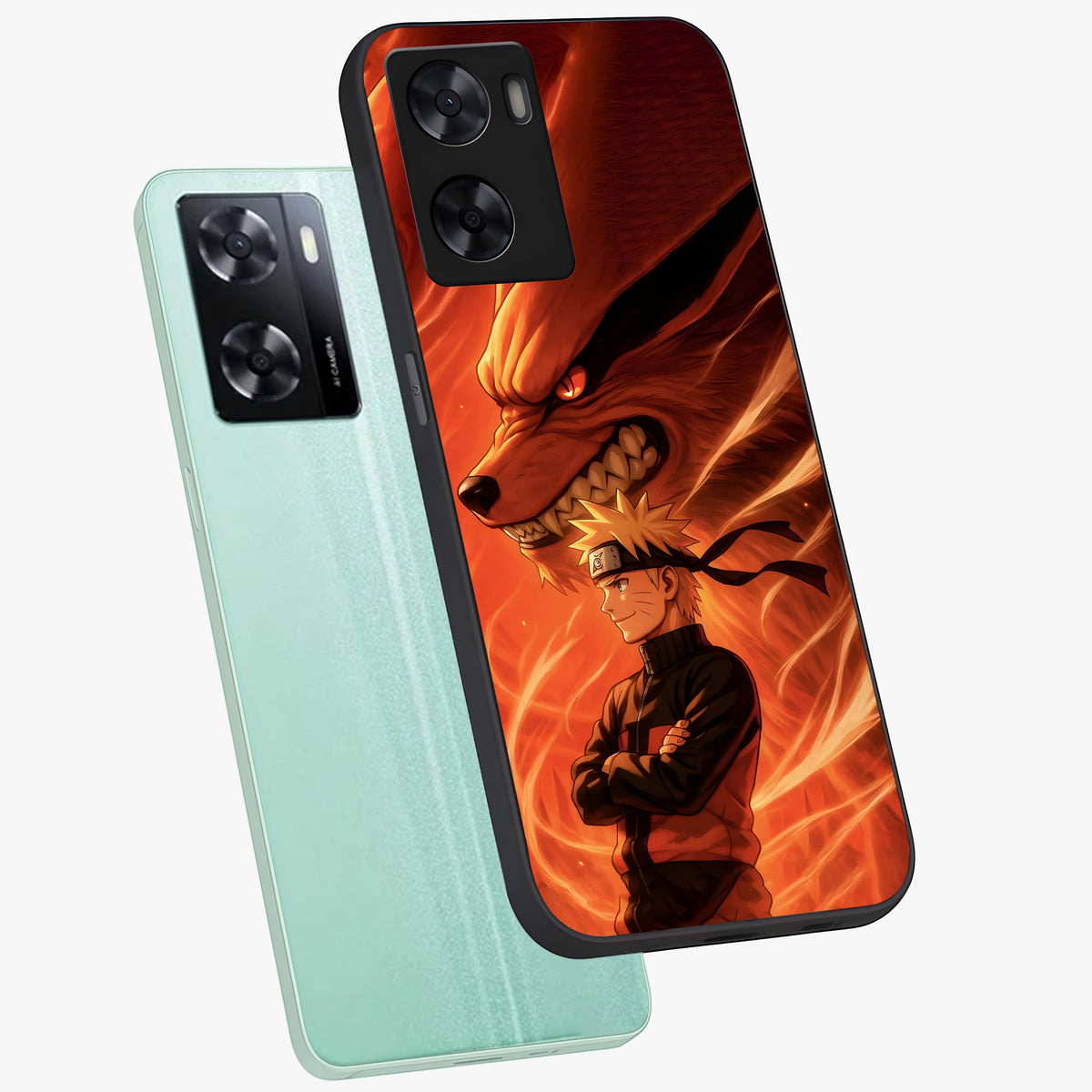 Nine Tails Legacy Glass Case displayed in angled mockup highlighting dynamic anime beast illustration with bold mystical aesthetic.