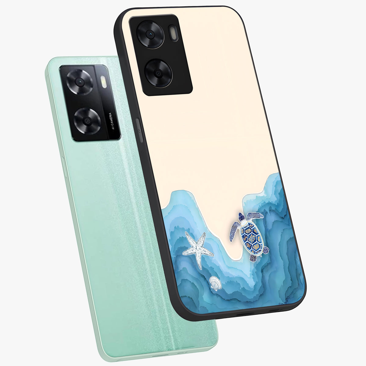 Ocean Drift Turtle Glass Case displayed in angled mockup highlighting peaceful ocean turtle illustration with marine aesthetic.