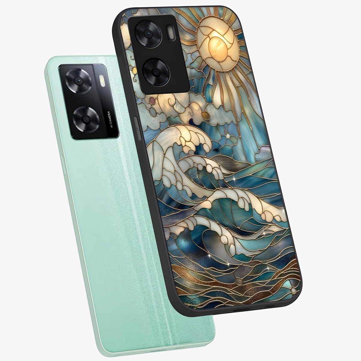 Oceanic Stained Printed Glass Case displayed in angled mockup highlighting colorful aquatic design with artistic aesthetic style.