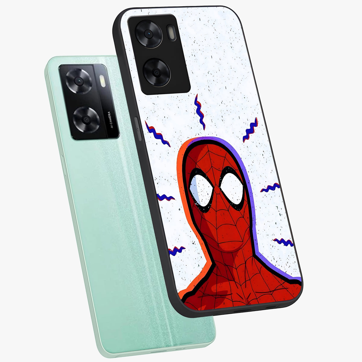 Omg Spiderman Glass Case displayed in angled mockup highlighting dynamic hero illustration with action comic aesthetic.
