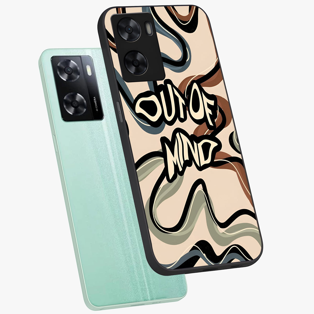 Out Of Mind Glass Case displayed in angled mockup highlighting bold statement design with modern artistic aesthetic.