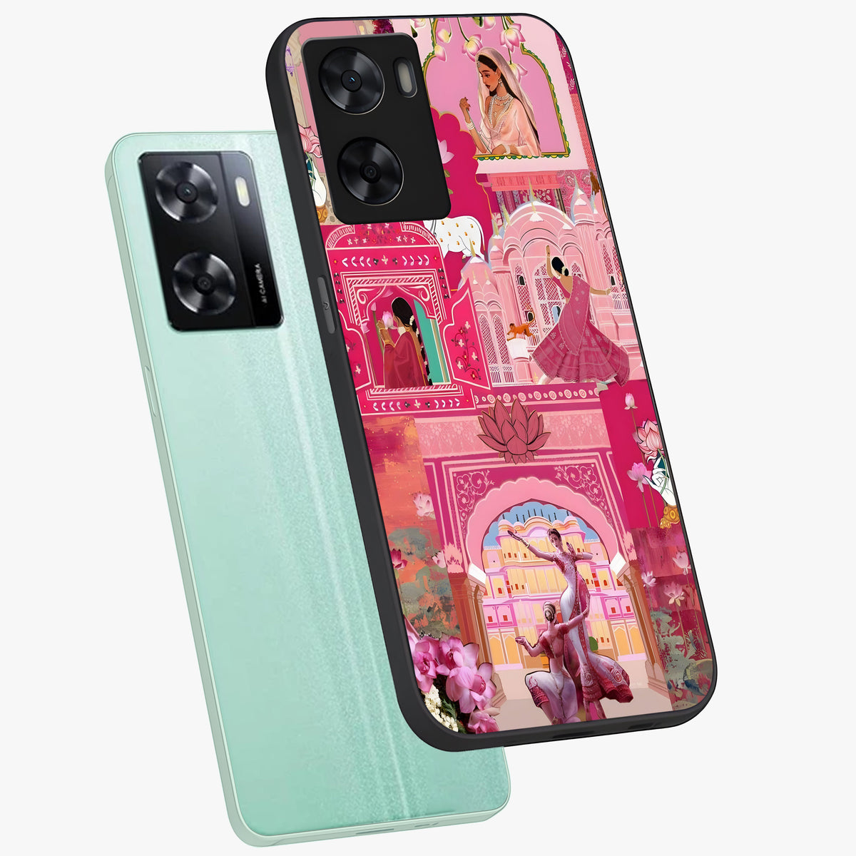 Pink Palace Muse Glass Case displayed in angled mockup highlighting dreamy palace illustration with soft pink aesthetic.