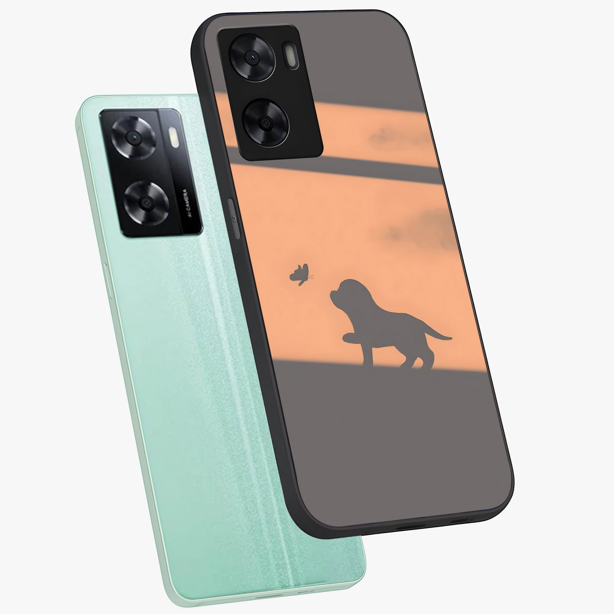 Puppy Shadow Art Glass Case displayed in angled mockup highlighting playful dog illustration with artistic shadow aesthetic.