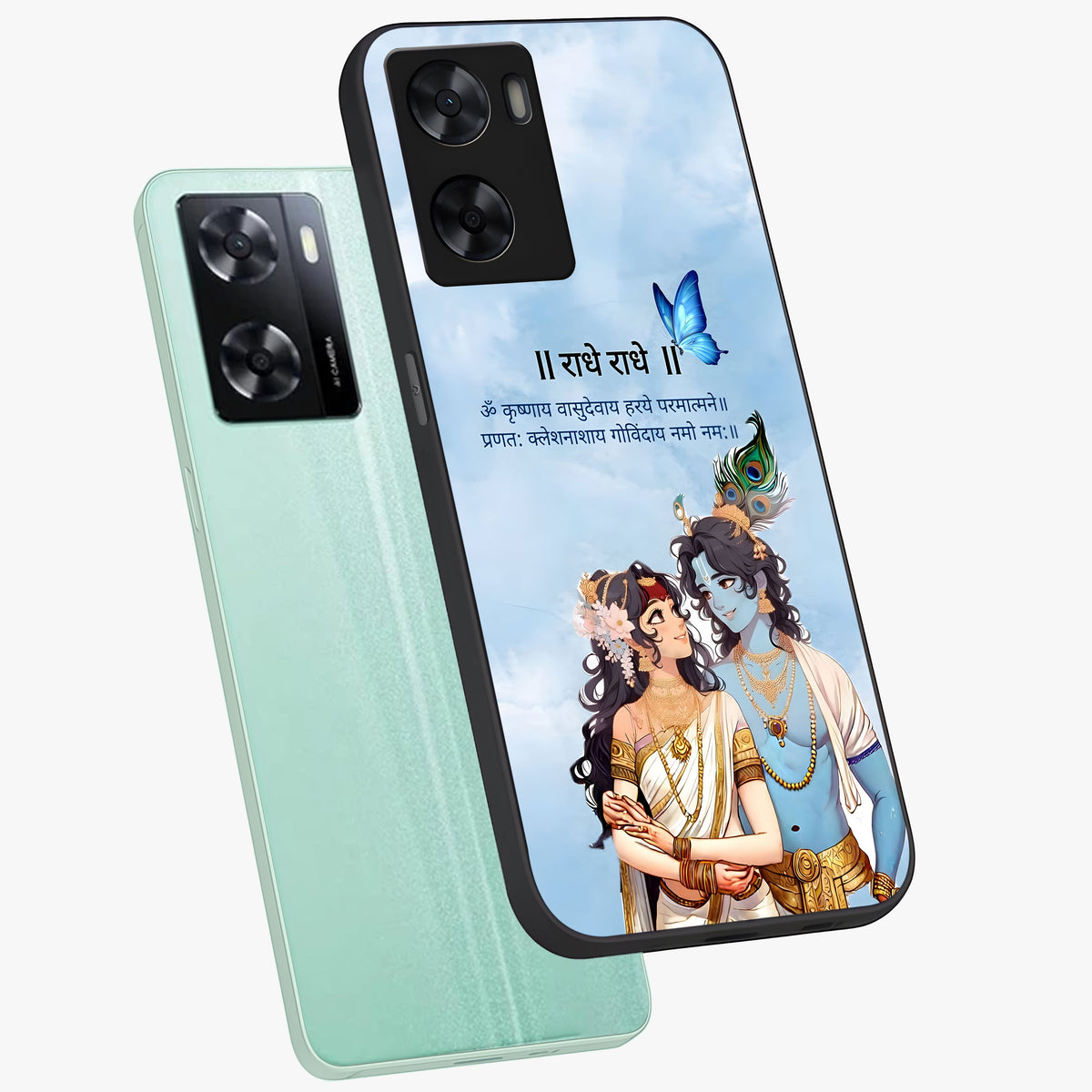 Radha Krishna Eternal Glass Case displayed in angled mockup highlighting divine Radha Krishna illustration with spiritual aesthetic.