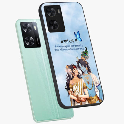 Radha Krishna Eternal Glass Case displayed in angled mockup highlighting divine Radha Krishna illustration with spiritual aesthetic.