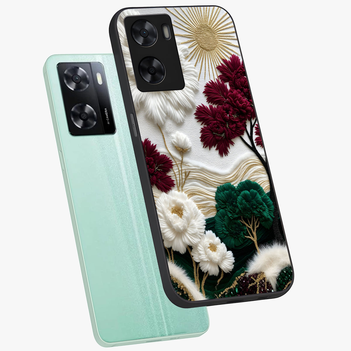 Radiant Bloom Elegance Glass Case displayed in angled mockup highlighting graceful floral design with radiant aesthetic style.