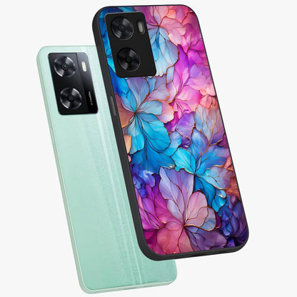 Radiant Floral Whirl Glass Case displayed in angled mockup highlighting vibrant flower pattern with dynamic artistic aesthetic.