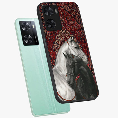 Regal Stallion Tapestry Glass Case displayed in angled mockup highlighting royal stallion design with decorative heritage aesthetic.