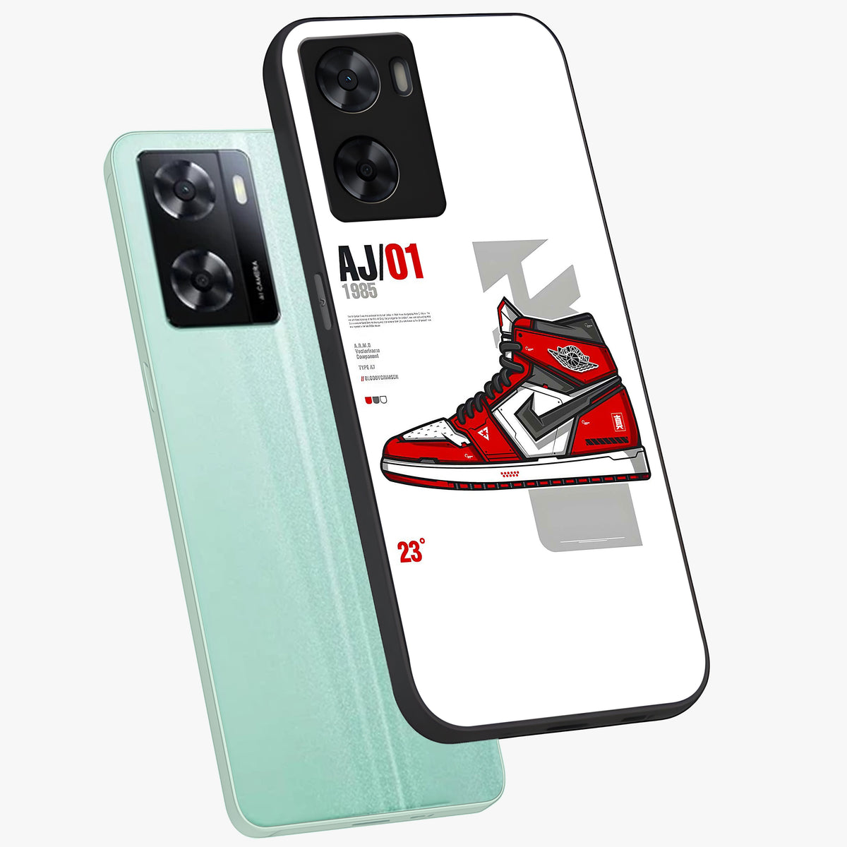 Retro Sneaker Blueprint Glass Case displayed in angled mockup highlighting detailed shoe design with sporty retro aesthetic.