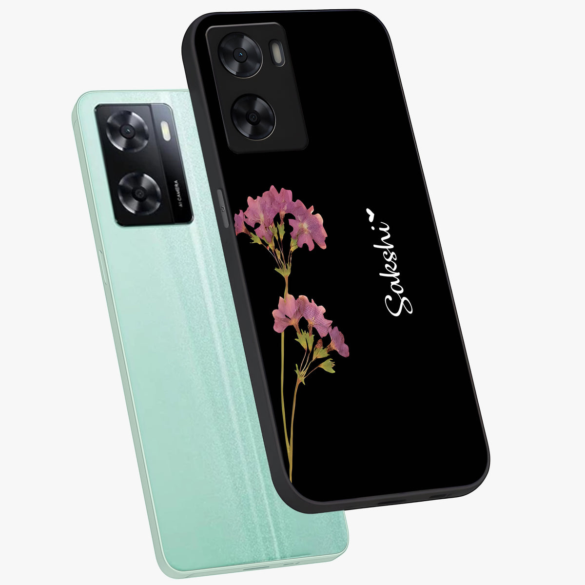 Riching Lavender Flower Custom Name Glass Case displayed in angled mockup highlighting delicate lavender flower design with custom name feature.