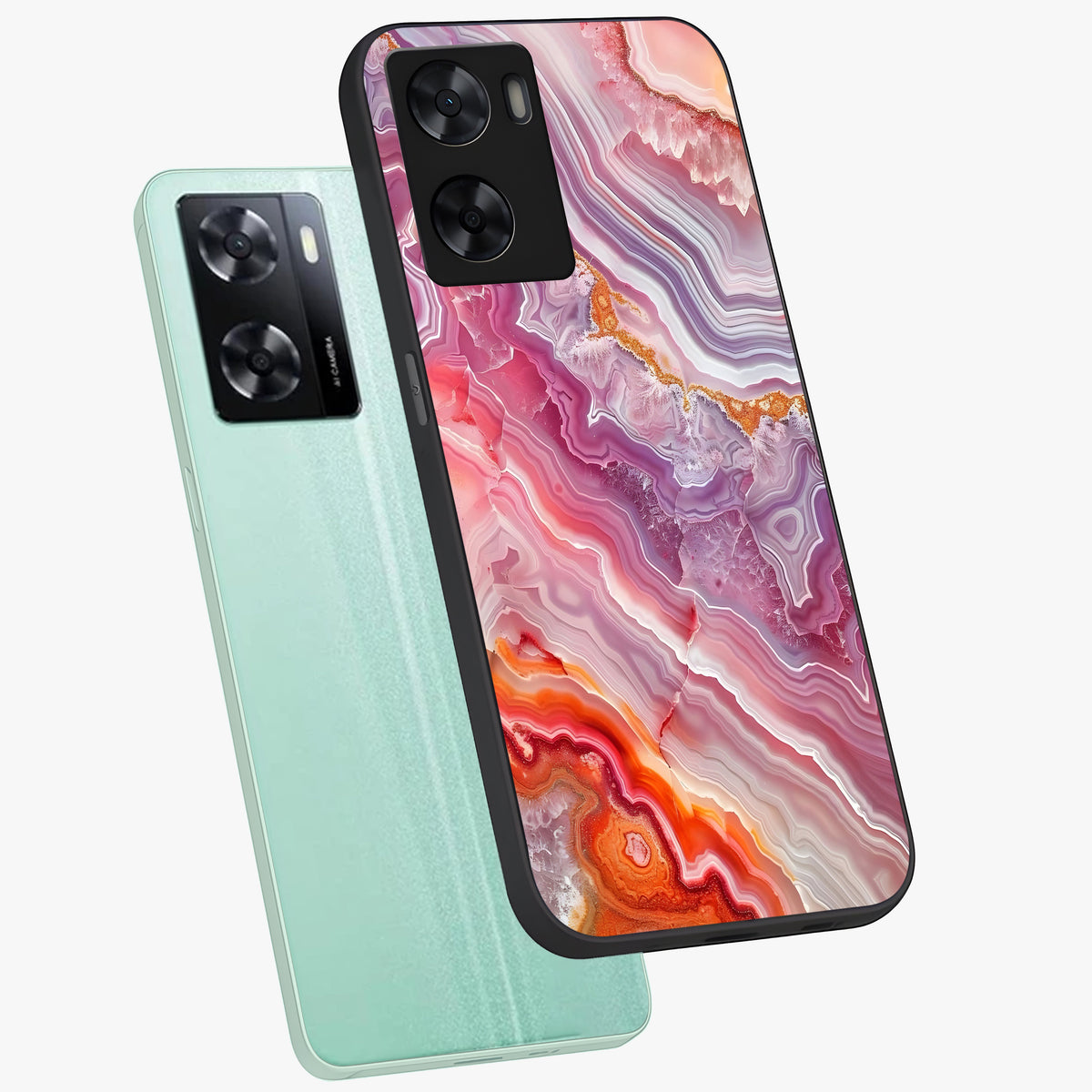 Rose Quartz Marble Glass Case displayed in angled mockup highlighting elegant marble pattern with soft aesthetic style.