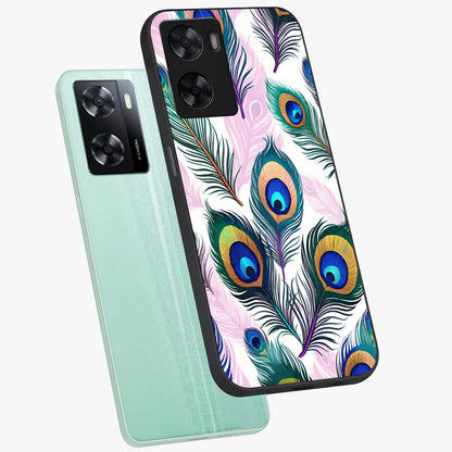 Royal Peacock Feathers Glass Case displayed in angled mockup highlighting vibrant feather pattern with regal aesthetic style.