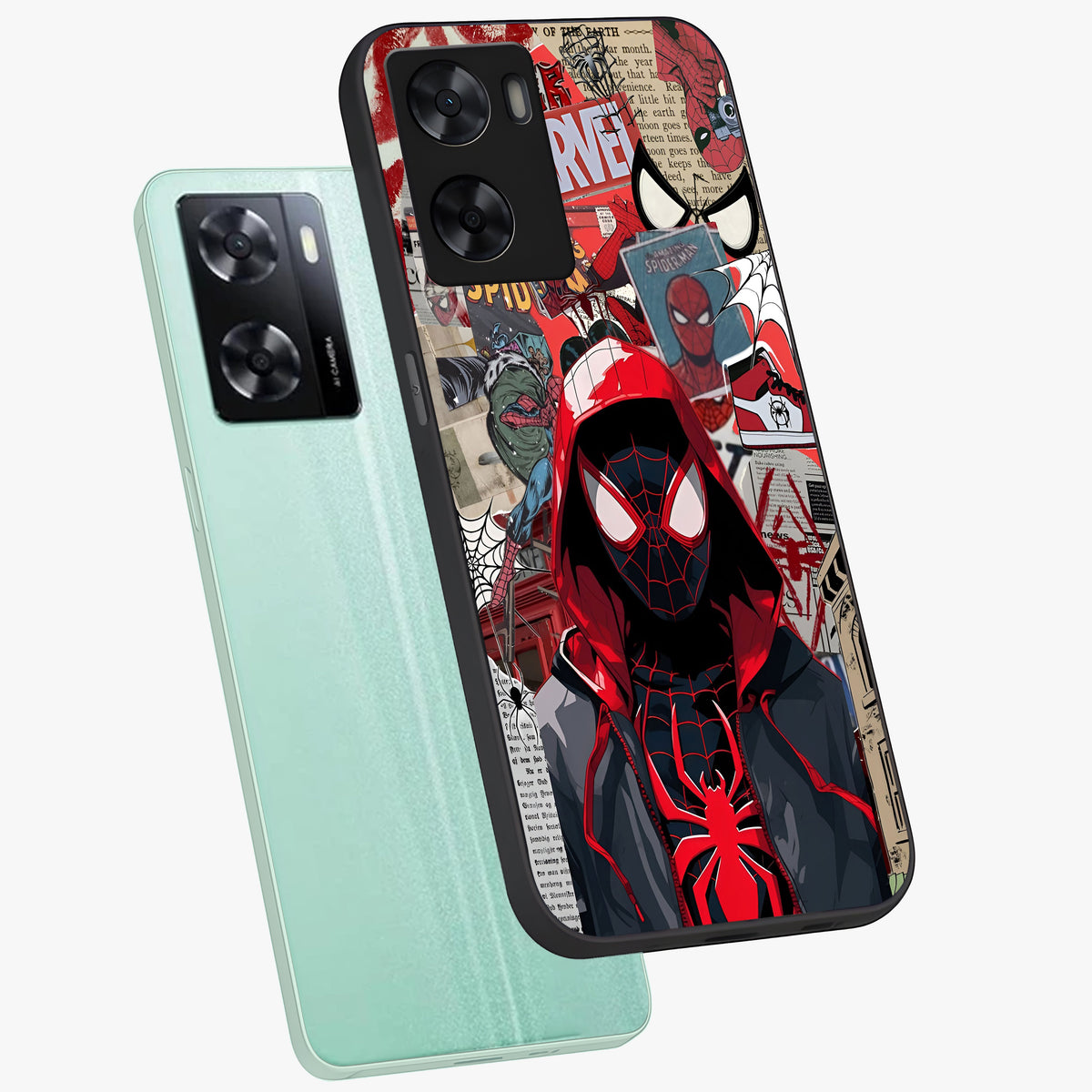 Spider Collage Street Glass Case displayed in angled mockup highlighting dynamic street style collage design with comic aesthetic.