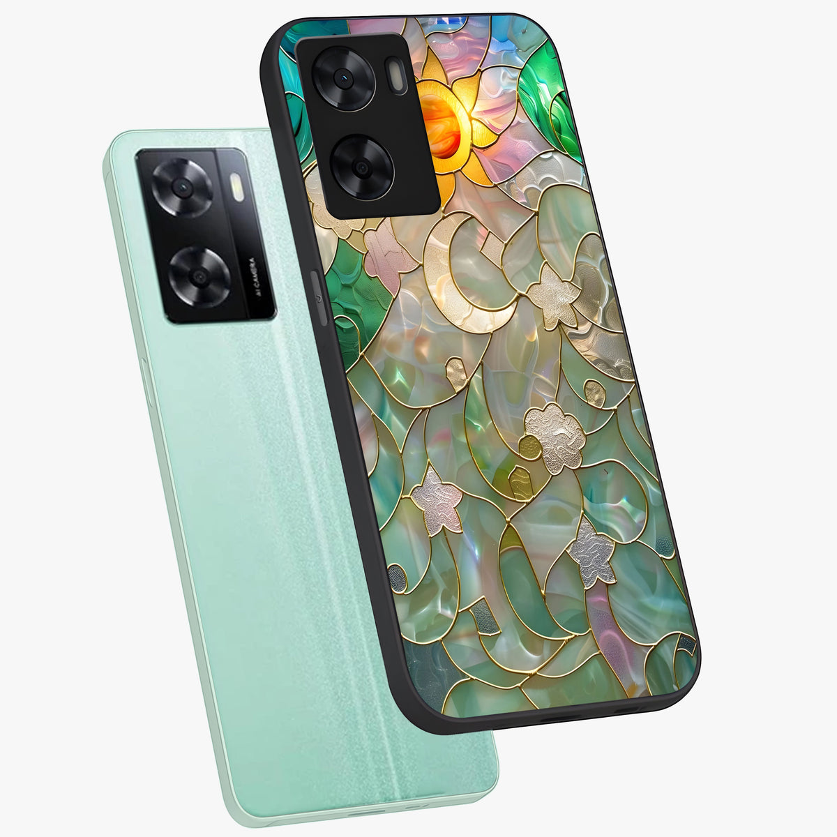 Stained Sunrise Glow Glass Case displayed in angled mockup highlighting radiant sunrise design with artistic aesthetic style.