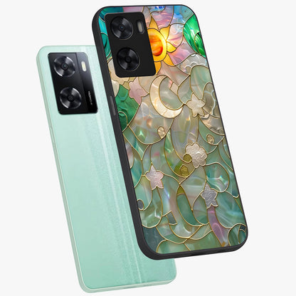 Stained Sunrise Glow Glass Case displayed in angled mockup highlighting radiant sunrise design with artistic aesthetic style.