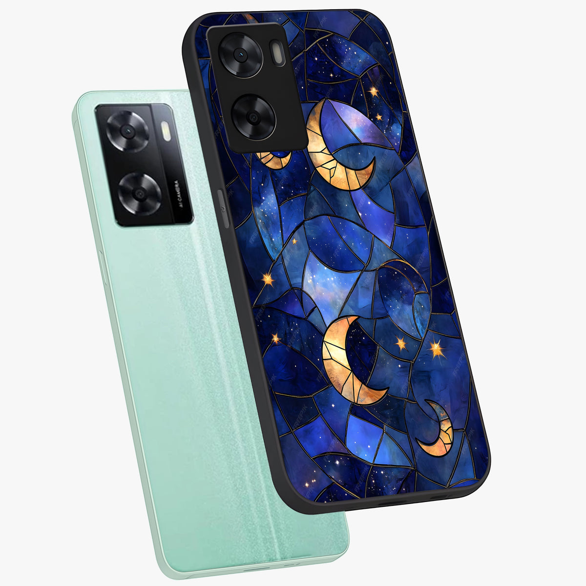 Starlit Sky Tapestry Glass Case displayed in angled mockup highlighting celestial night pattern with artistic aesthetic style.