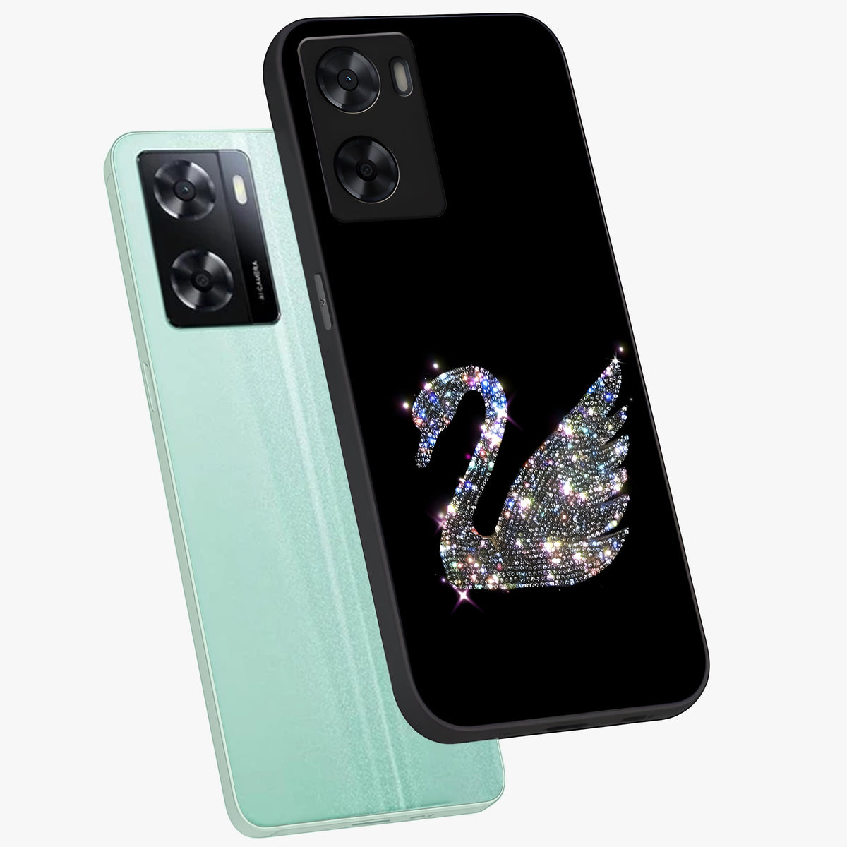 Starlit Swan Grace Glass Case displayed in angled mockup highlighting elegant swan illustration with dreamy celestial aesthetic.