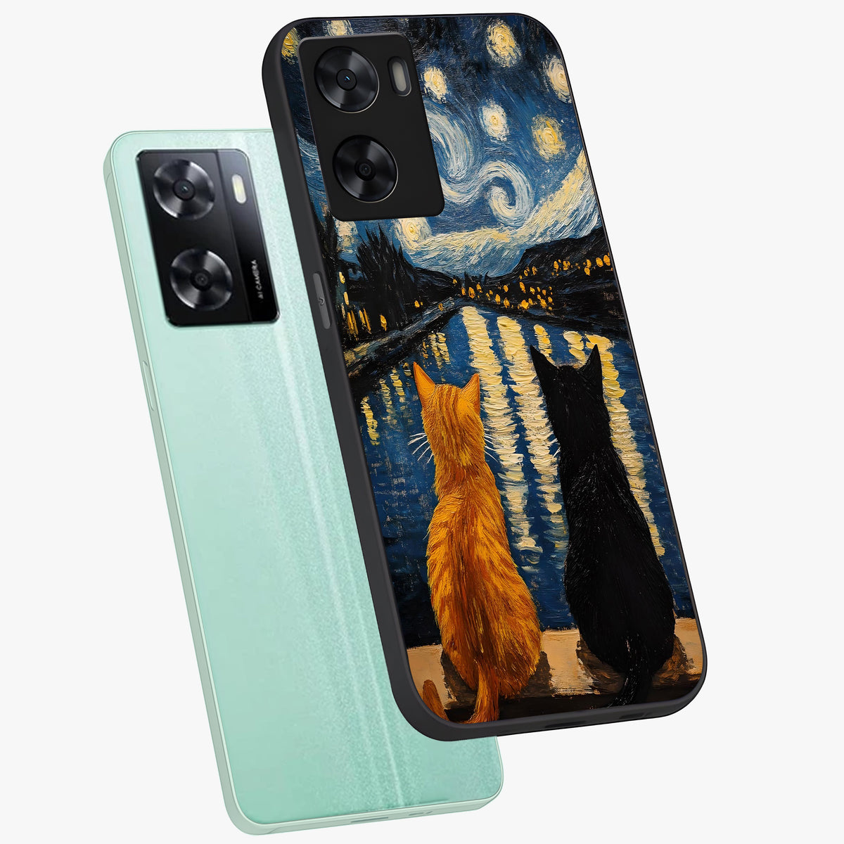 Starry River Cats Glass Case displayed in angled mockup highlighting charming feline illustration with dreamy night aesthetic.