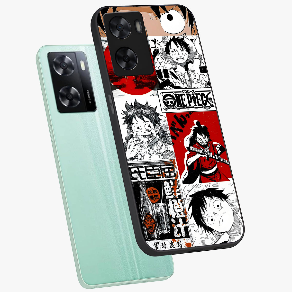Strawhat Chaos Panels Glass Case displayed in angled mockup highlighting vibrant anime collage design with action aesthetic.