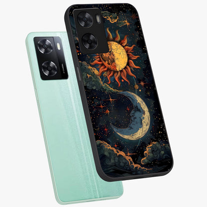 Sun And Moon Magic Design Glass Case displayed in angled mockup highlighting celestial design with magical cosmic aesthetic.