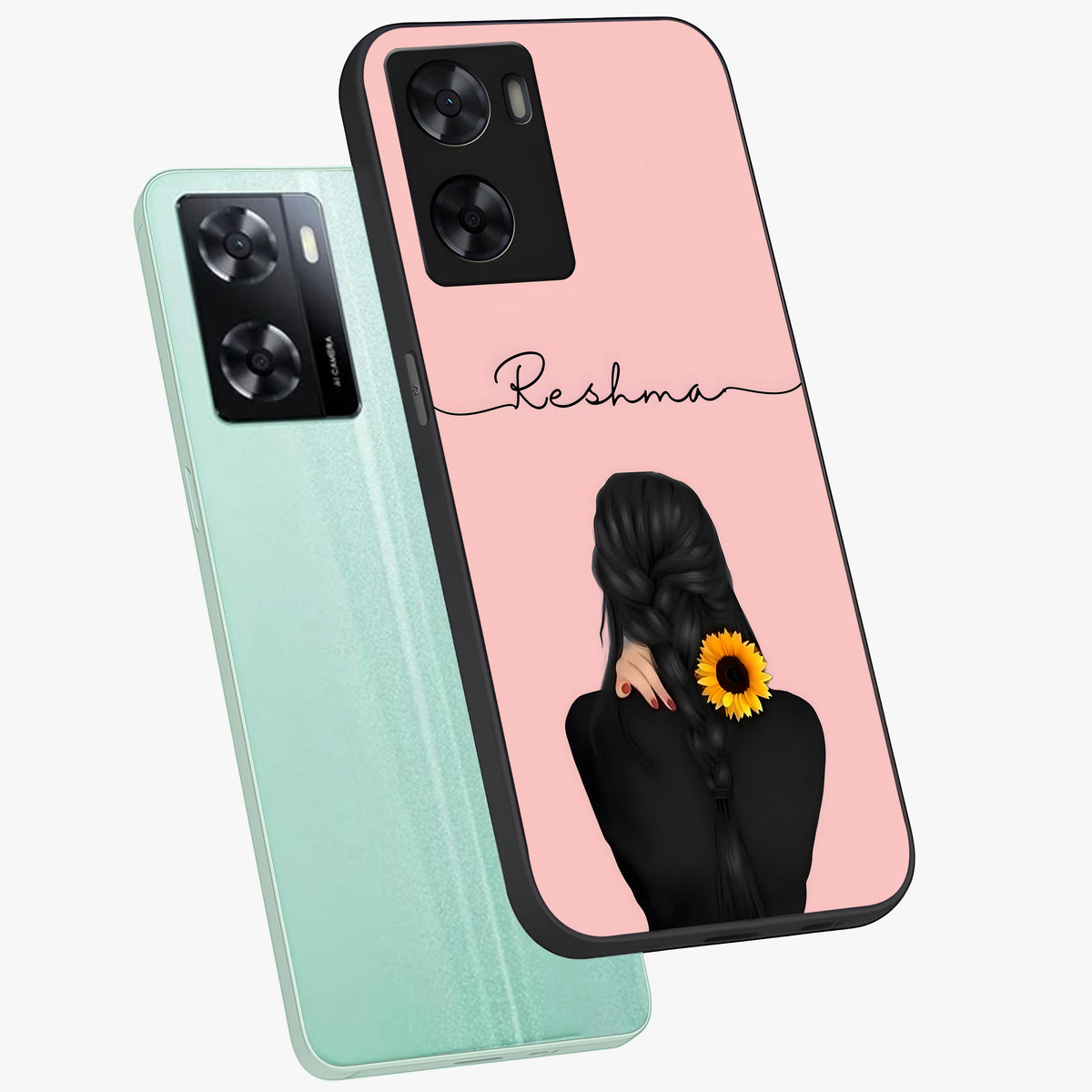 Sunflower Braid Beauty With Custom Name Glass Case displayed in angled mockup highlighting elegant sunflower design with custom name feature.