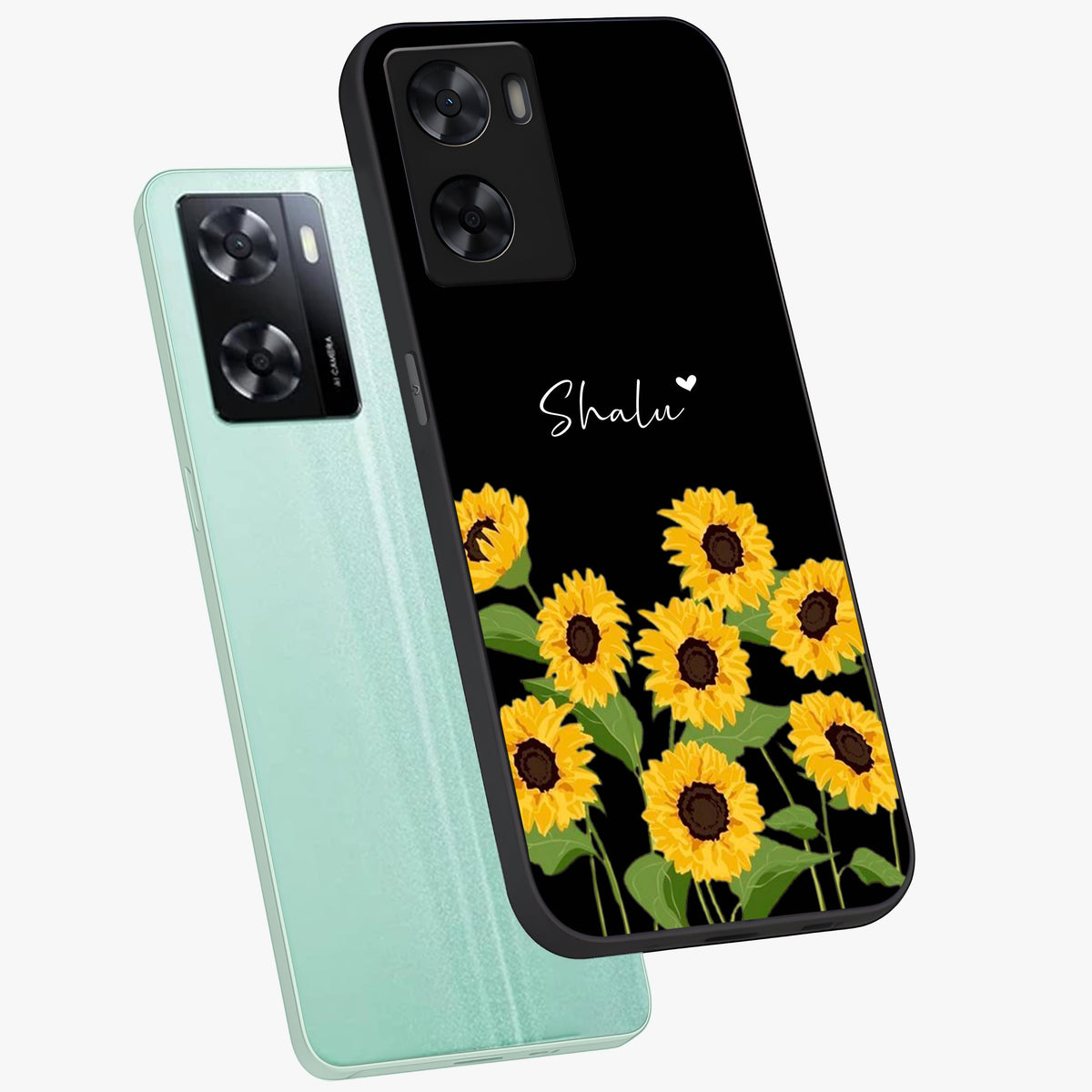 Sunflower Chic Mood Custom Name Glass Case displayed in angled mockup highlighting vibrant sunflower design with custom name feature.