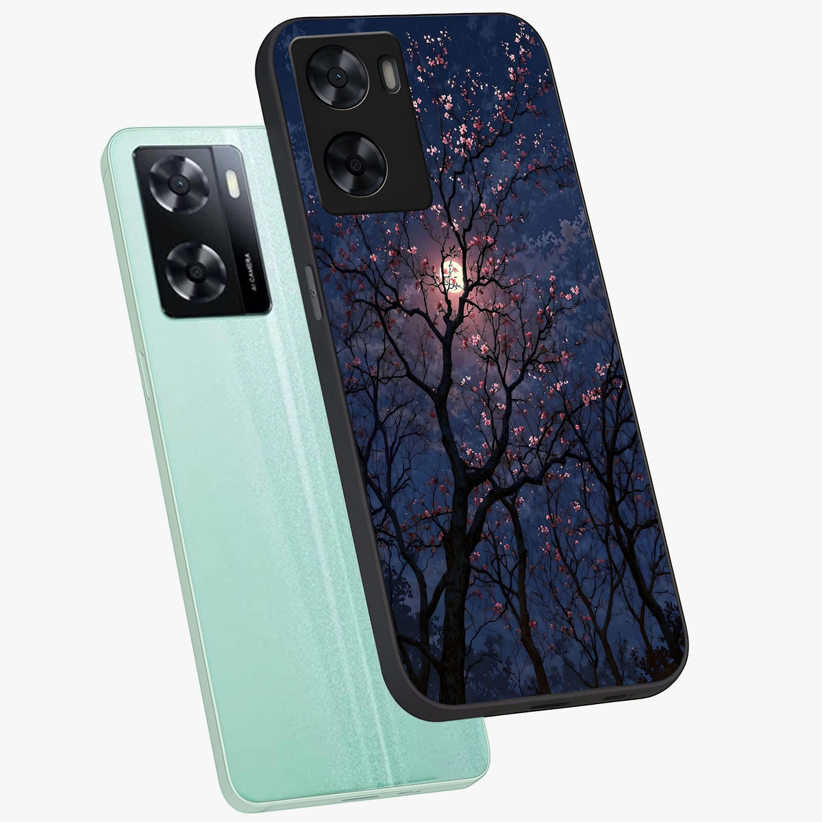 Twilight Sakura Serenade Glass Case displayed in angled mockup highlighting delicate sakura flower design with dreamy aesthetic.