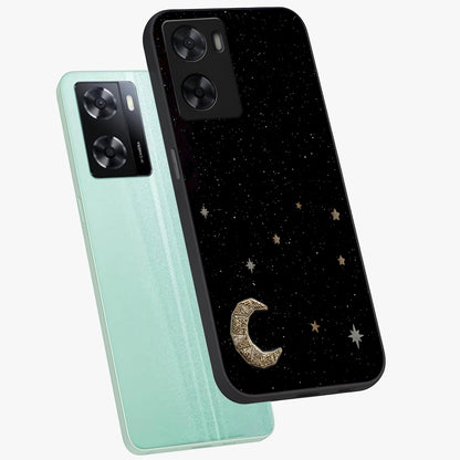 Twinkle Star With Half Moon Glass Case displayed in angled mockup highlighting celestial moon and star design with magical aesthetic.