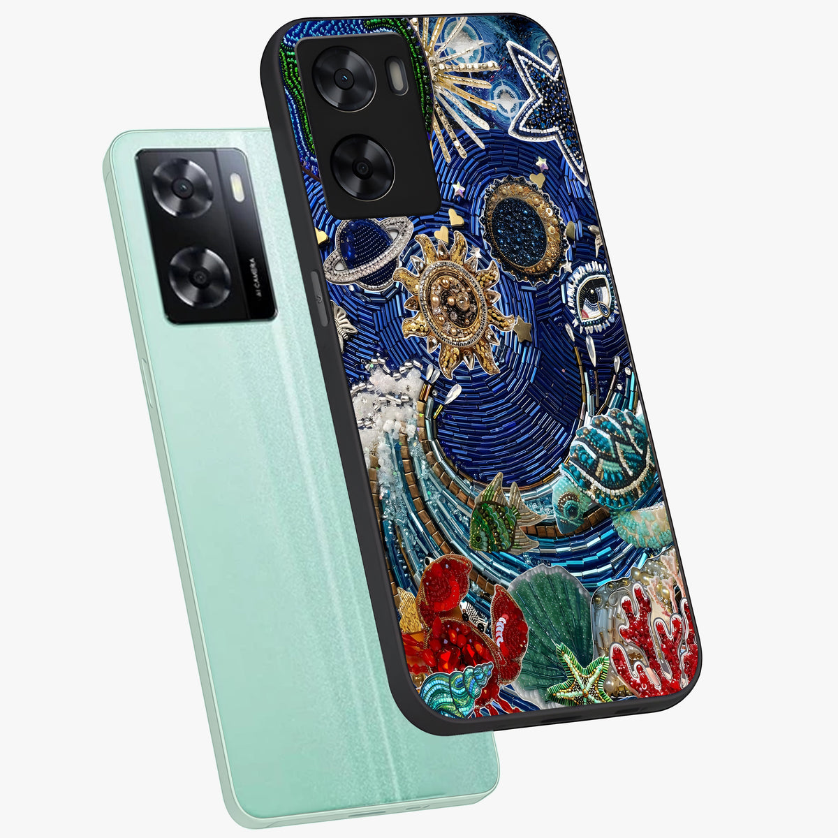 Universe Underwater Spark Glass Case displayed in angled mockup highlighting glowing aquatic design with celestial aesthetic.