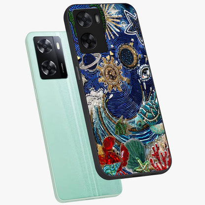 Universe Underwater Spark Glass Case displayed in angled mockup highlighting glowing aquatic design with celestial aesthetic.