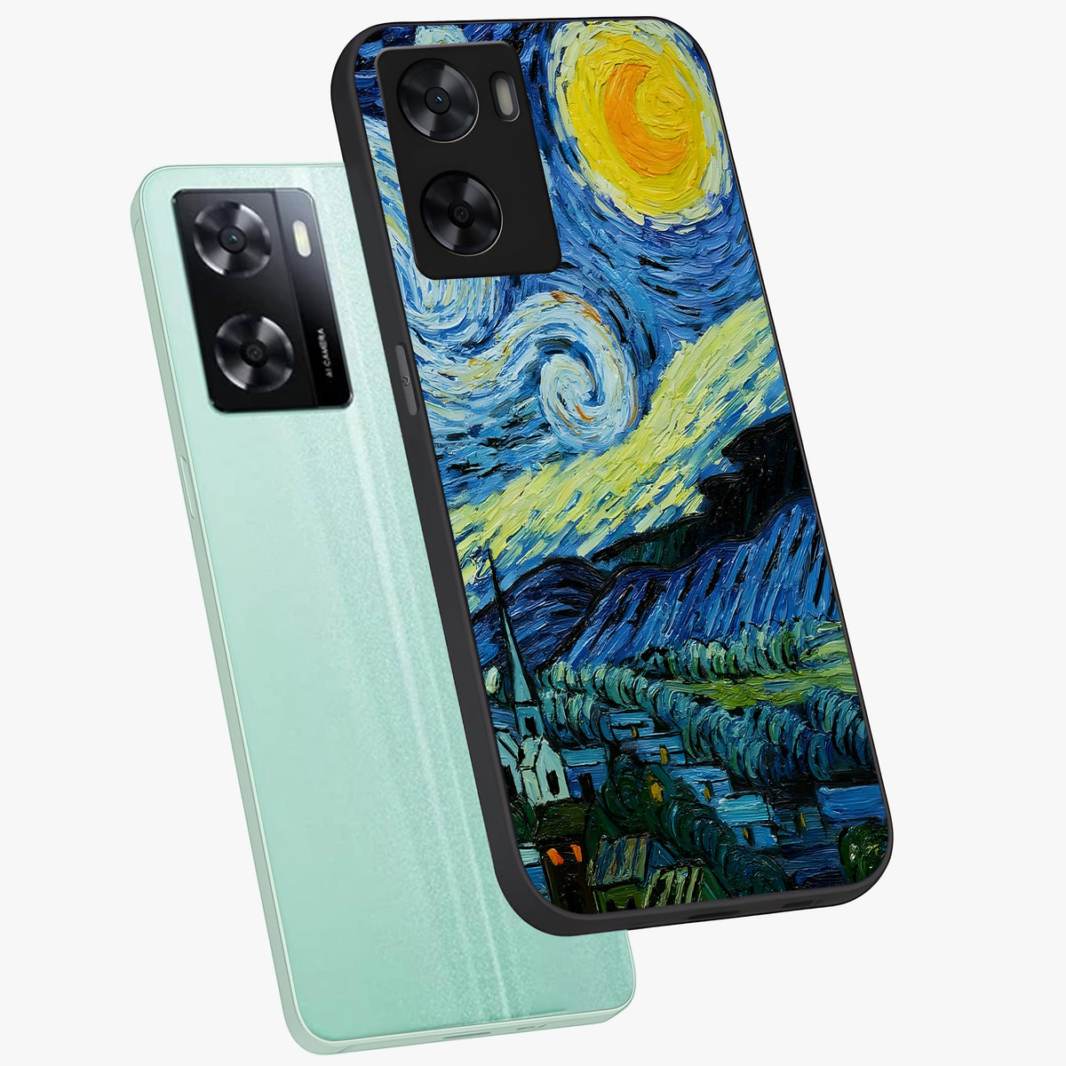 Van Gogh Art Glass Case displayed in angled mockup highlighting swirling brushstroke design with artistic aesthetic.