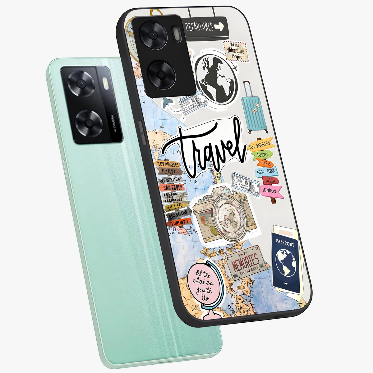Wanderlust Journal Glass Case displayed in angled mockup highlighting adventure themed design with aesthetic travel vibe.