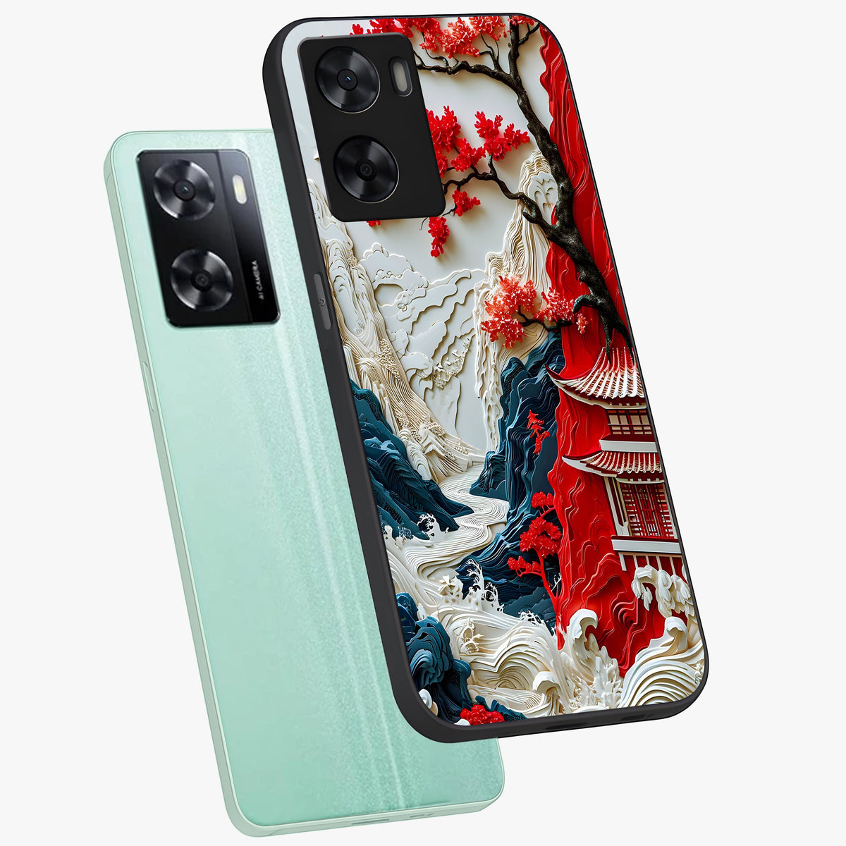 Whispers Of Sakura Waves Glass Case displayed in angled mockup highlighting flowing sakura design with soft floral aesthetic.