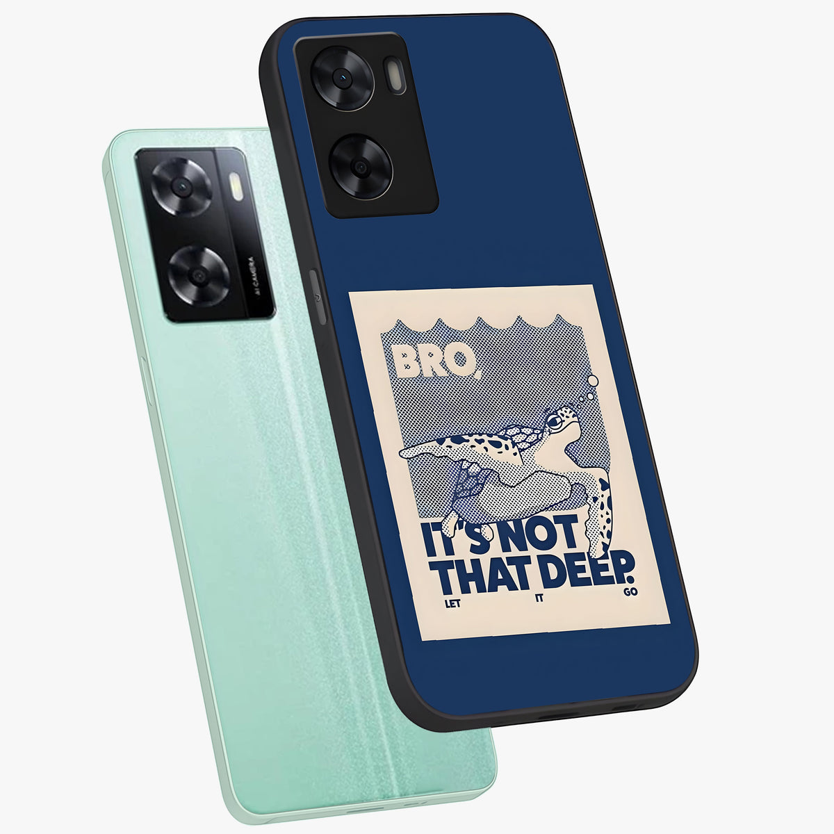 Worry Less Swim Glass Case displayed in angled mockup highlighting fun typography design with relaxed aesthetic style.