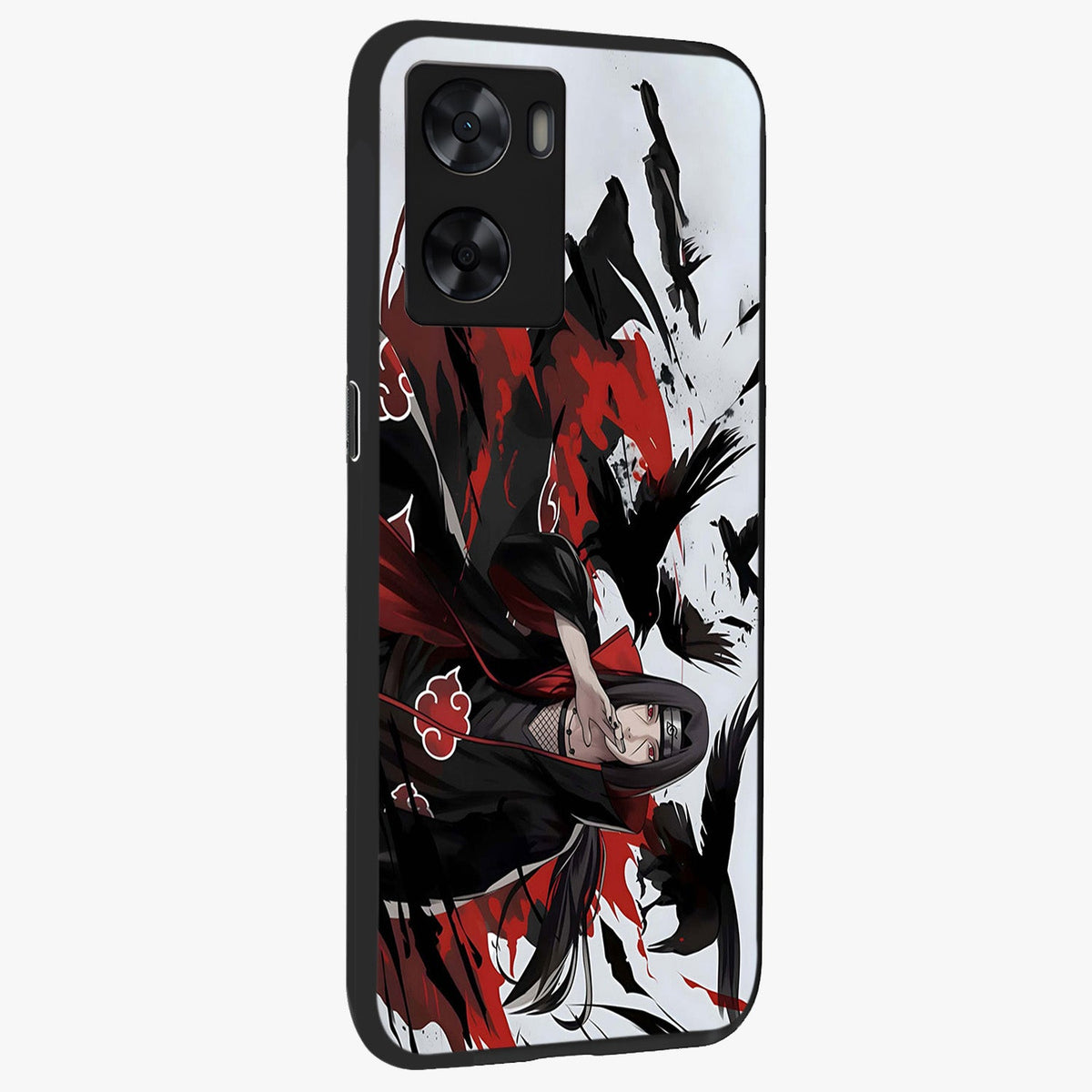 Crimson Crow Illusion Glass Case upright view showcasing striking crow illusion artwork with intense crimson theme.