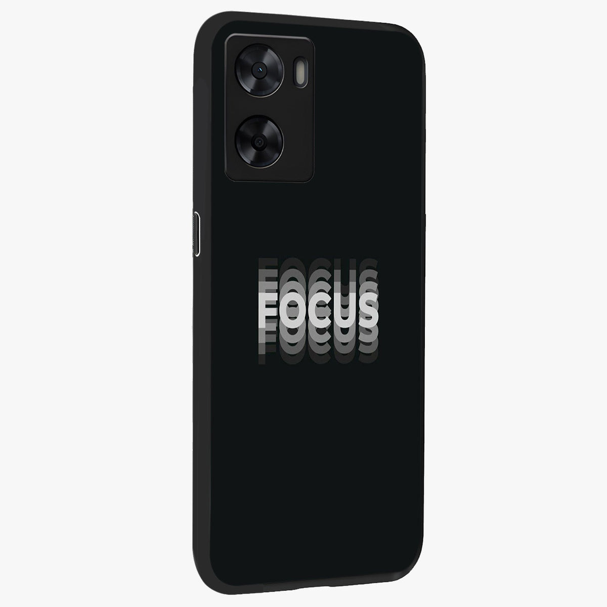 Focus Mode On Glass Case upright view showcasing strong typography statement with sleek motivational theme.