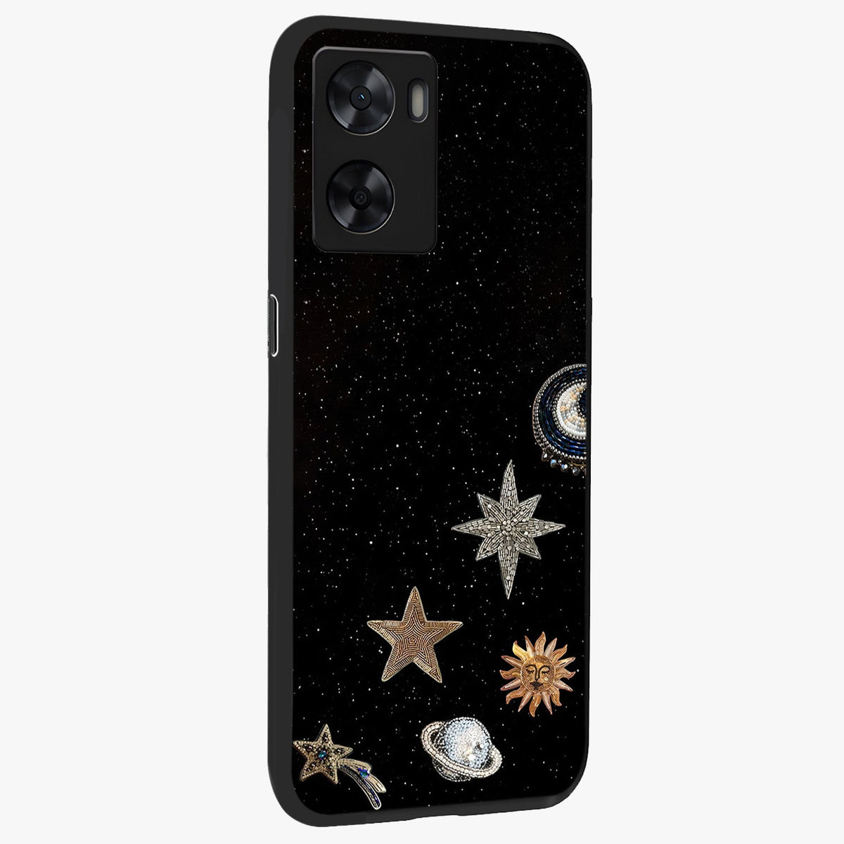 Galactic Charm Glow Glass Case upright view showcasing glowing cosmic charm artwork with magical celestial style.