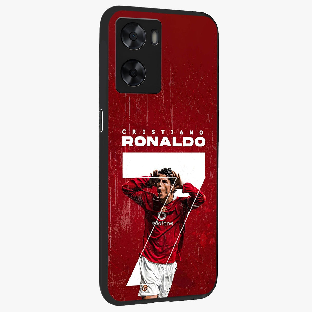 Goal Celebration Legacy Glass Case upright view showcasing dynamic football inspired artwork with victory celebration aesthetic.