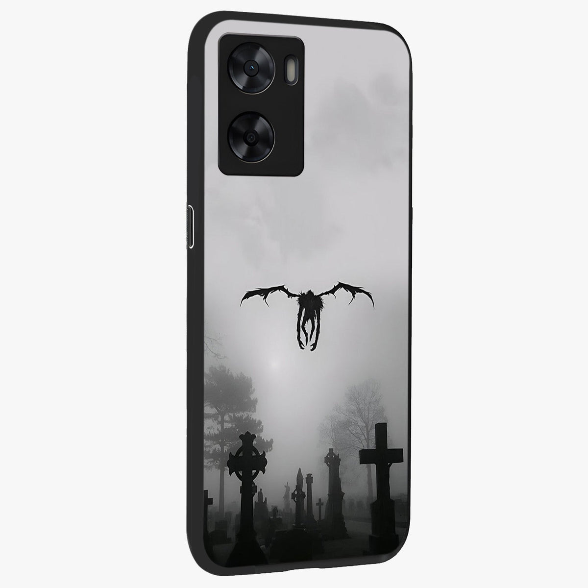 Graveyard Shadow Descent Glass Case upright view showcasing haunting graveyard artwork with dramatic dark theme.